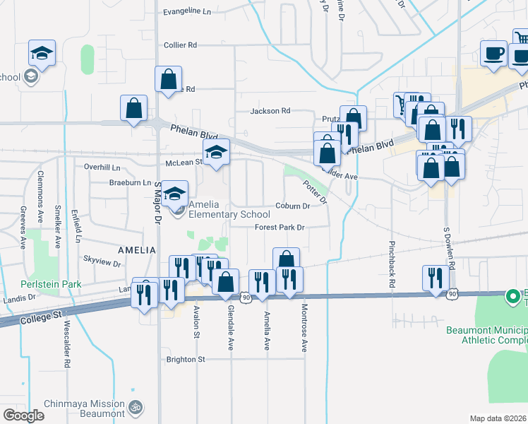 map of restaurants, bars, coffee shops, grocery stores, and more near 7745 Coburn Drive in Beaumont