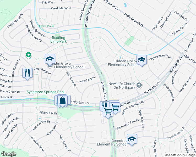 map of restaurants, bars, coffee shops, grocery stores, and more near 3330 Laurel Fork Drive in Humble