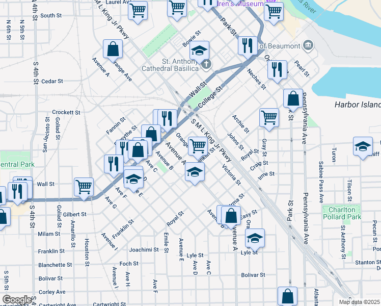 map of restaurants, bars, coffee shops, grocery stores, and more near 1112 Orange Avenue in Beaumont