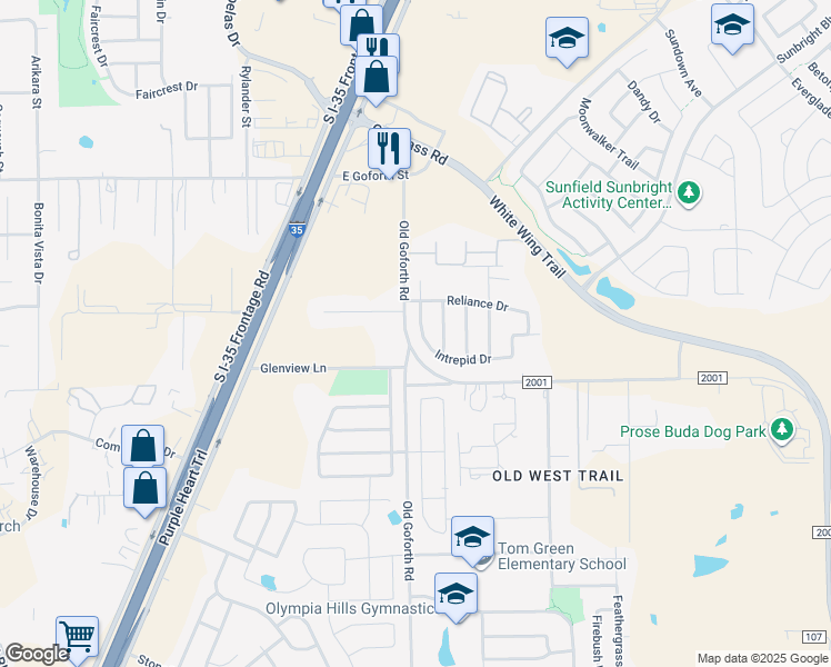 map of restaurants, bars, coffee shops, grocery stores, and more near 2080 Intrepid Drive in Buda