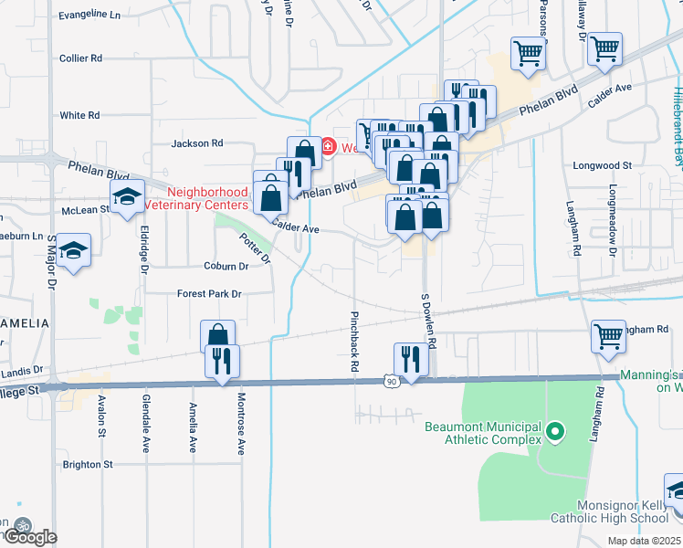 map of restaurants, bars, coffee shops, grocery stores, and more near 410 Pinchback Road in Beaumont