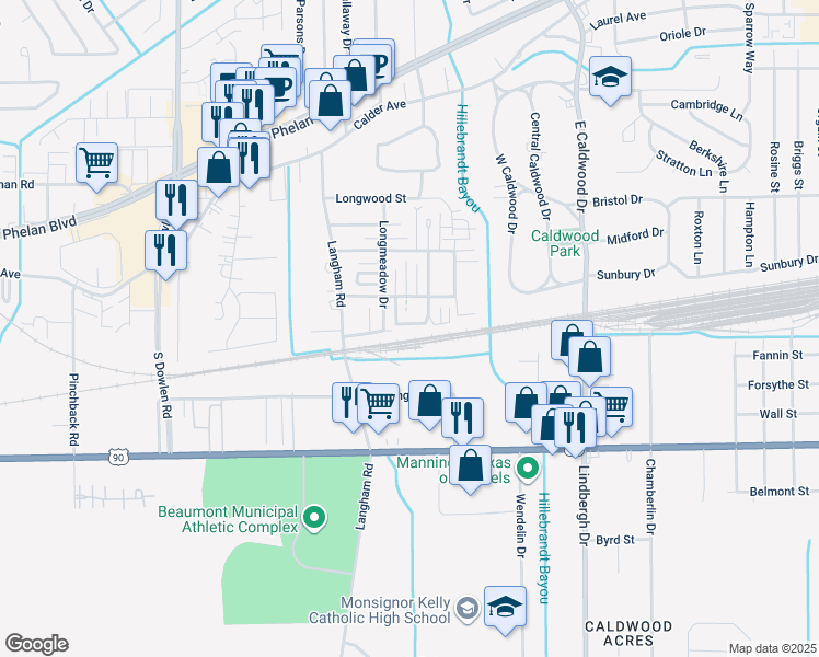 map of restaurants, bars, coffee shops, grocery stores, and more near 568 Georgetown Street in Beaumont