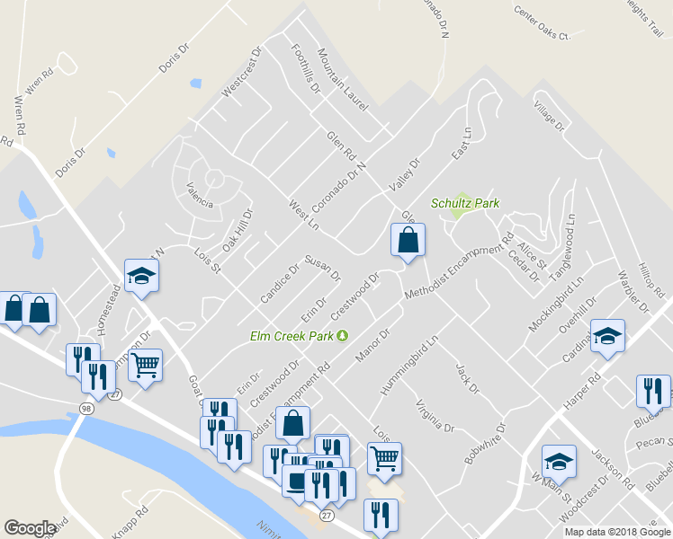 map of restaurants, bars, coffee shops, grocery stores, and more near 1606 Susan Dr in Kerrville