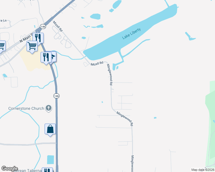 map of restaurants, bars, coffee shops, grocery stores, and more near 1301 Minglewood Road in Liberty