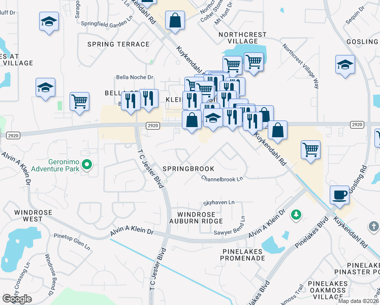 map of restaurants, bars, coffee shops, grocery stores, and more near 6330 Bright Bloom Lane in Spring