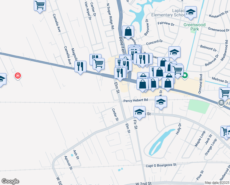 map of restaurants, bars, coffee shops, grocery stores, and more near 1 Elm Street in LaPlace