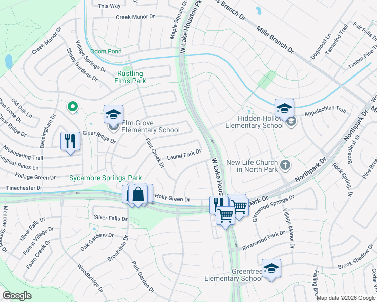 map of restaurants, bars, coffee shops, grocery stores, and more near 3307 Laurel Fork Drive in Humble