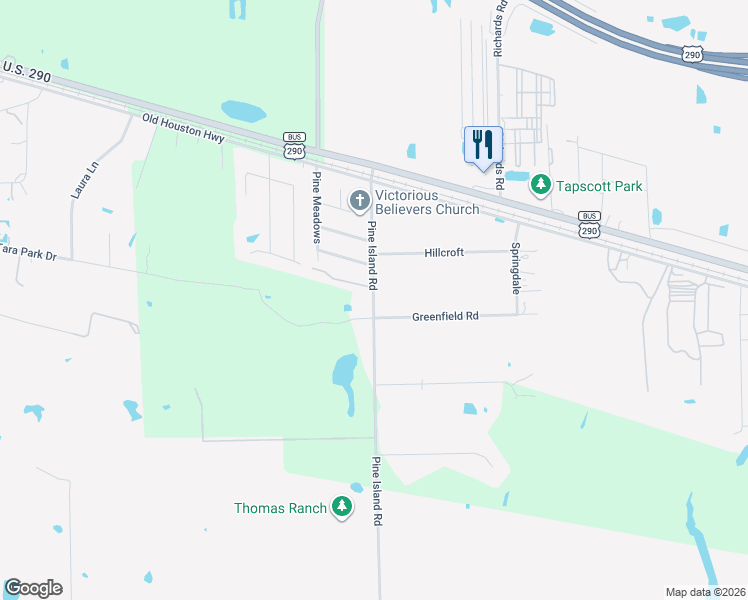 map of restaurants, bars, coffee shops, grocery stores, and more near 20919 Pine Island Road in Prairie View