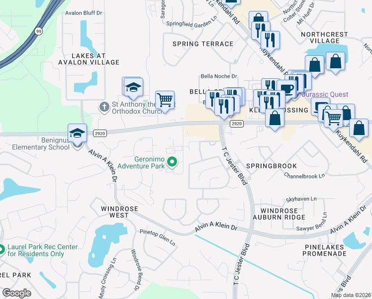 map of restaurants, bars, coffee shops, grocery stores, and more near 6638 Autumn Sunset Lane in Spring