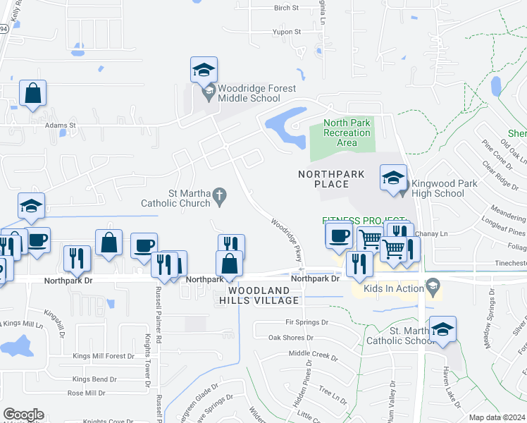 map of restaurants, bars, coffee shops, grocery stores, and more near Woodridge Parkway in Humble