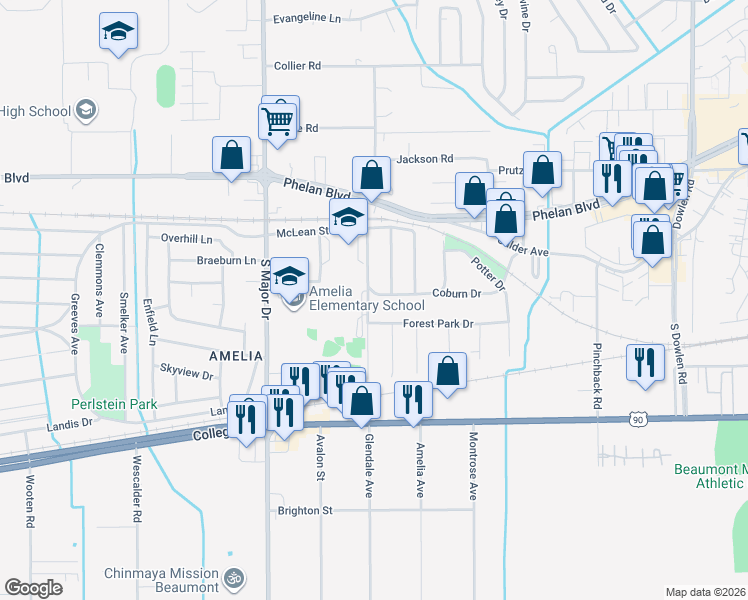 map of restaurants, bars, coffee shops, grocery stores, and more near 425 Eldridge Drive in Beaumont