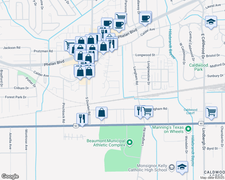 map of restaurants, bars, coffee shops, grocery stores, and more near 6365 Arrowhead Drive in Beaumont