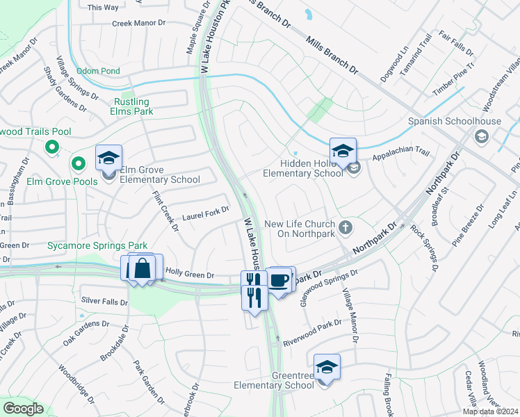 map of restaurants, bars, coffee shops, grocery stores, and more near 4523 Echo Falls Drive in Houston