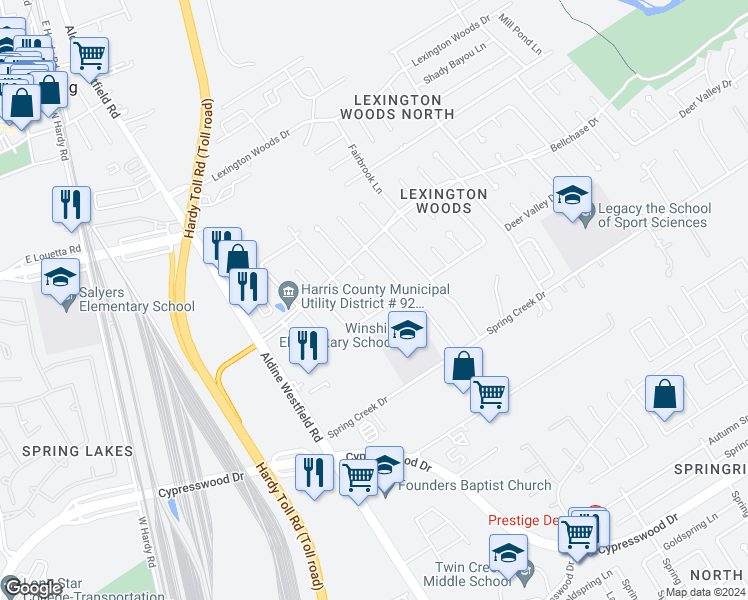 map of restaurants, bars, coffee shops, grocery stores, and more near 25307 Stone Mill Lane in Spring