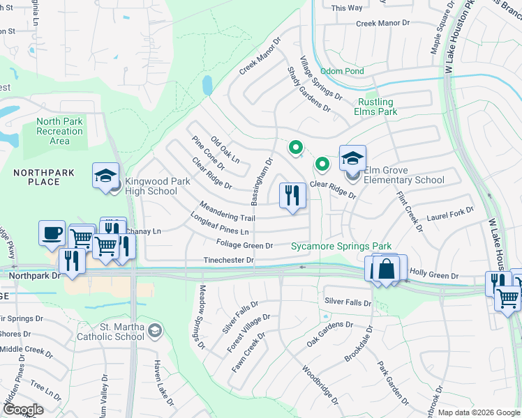 map of restaurants, bars, coffee shops, grocery stores, and more near 2706 Sherwood Hollow Lane in Humble