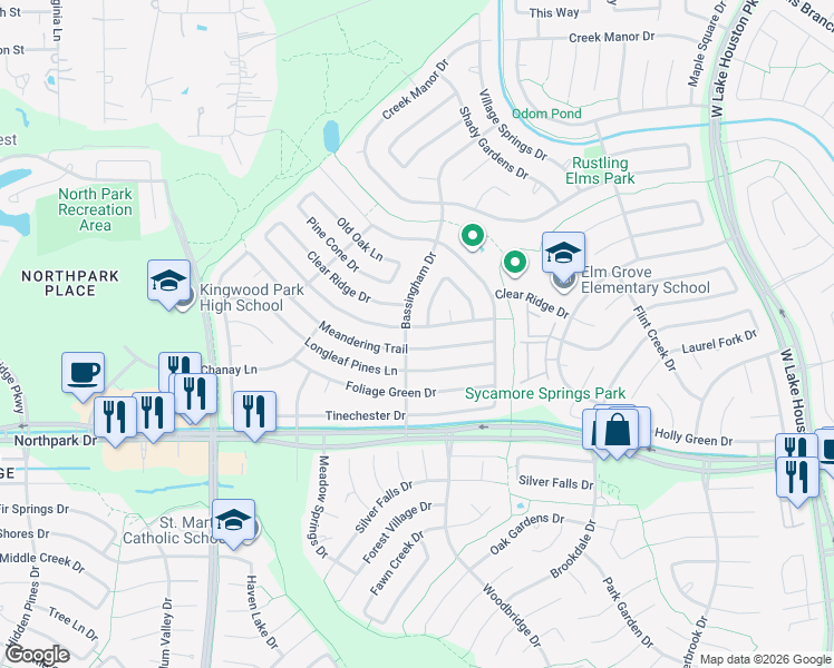 map of restaurants, bars, coffee shops, grocery stores, and more near 2706 Sherwood Hollow Lane in Humble