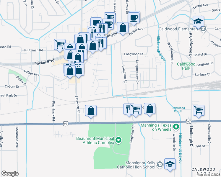 map of restaurants, bars, coffee shops, grocery stores, and more near 385 Littlejohn Drive in Beaumont
