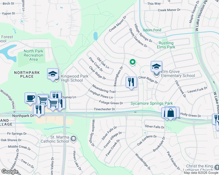 map of restaurants, bars, coffee shops, grocery stores, and more near 2618 Sherwood Hollow Lane in Humble