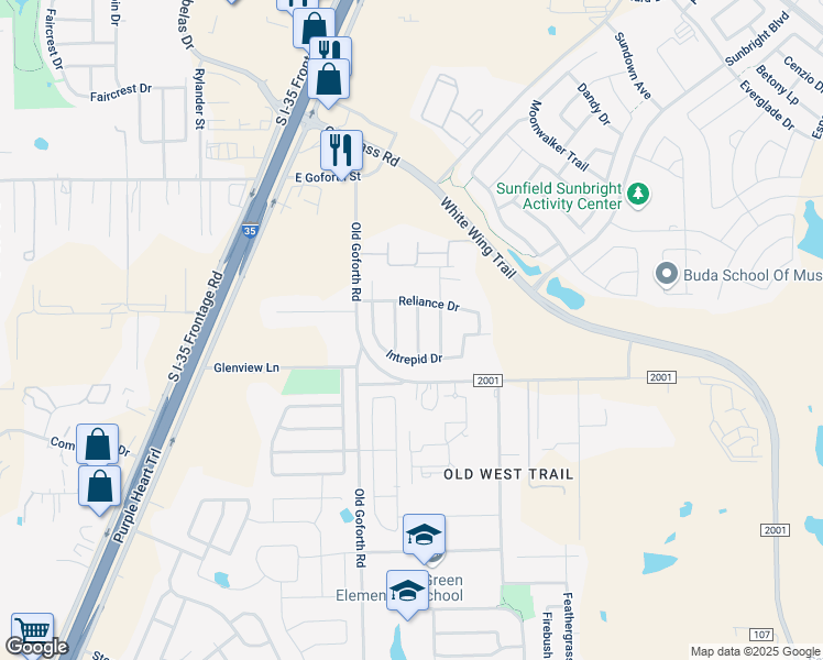map of restaurants, bars, coffee shops, grocery stores, and more near 2070 Constellation Drive in Buda