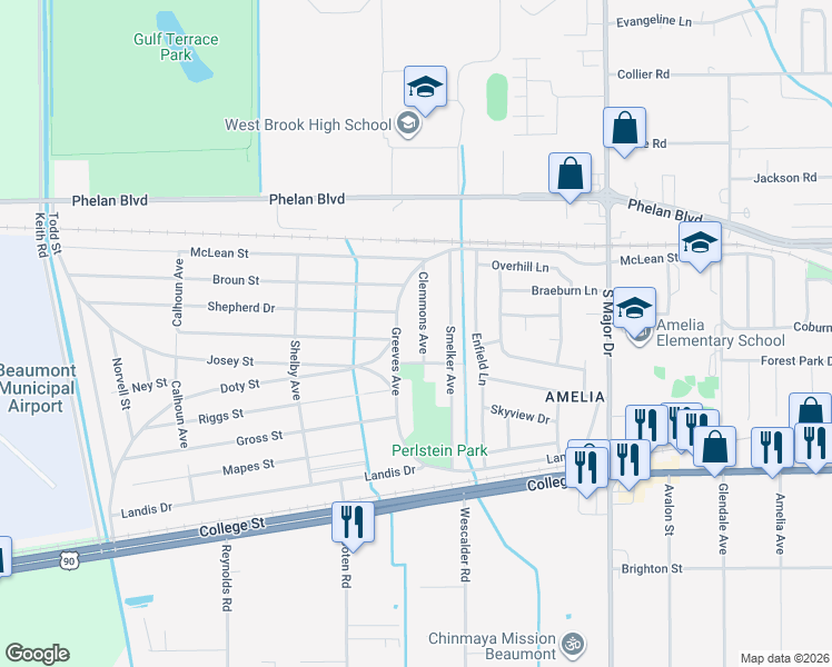 map of restaurants, bars, coffee shops, grocery stores, and more near 360 Clemmons Ave in Beaumont