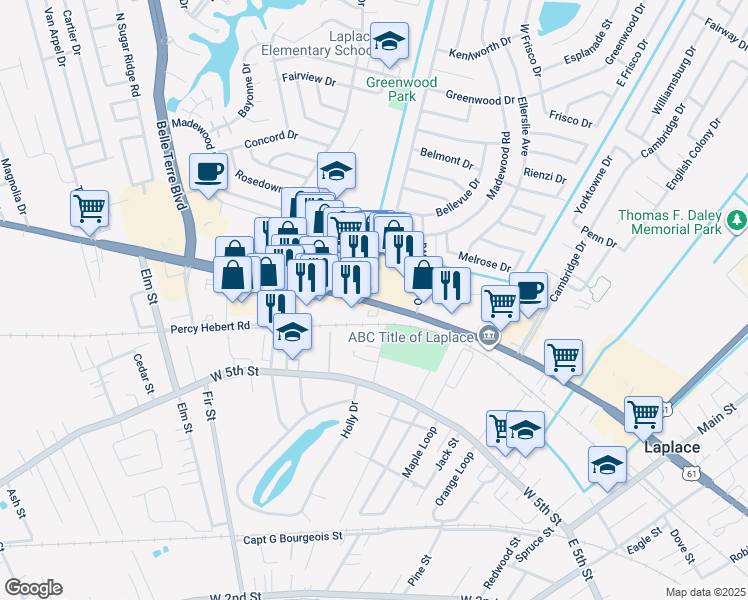 map of restaurants, bars, coffee shops, grocery stores, and more near 1381 West Airline Highway in LaPlace