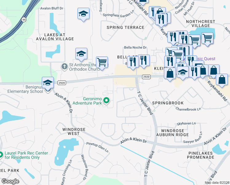 map of restaurants, bars, coffee shops, grocery stores, and more near 6638 Autumn Sunset Lane in Spring
