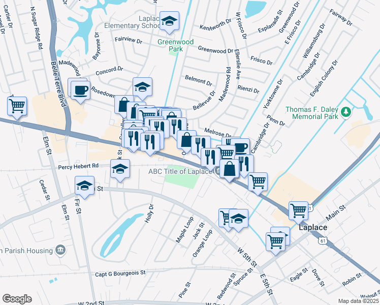 map of restaurants, bars, coffee shops, grocery stores, and more near 1 Ormond Boulevard in LaPlace