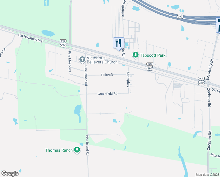 map of restaurants, bars, coffee shops, grocery stores, and more near 1486 Greenfield Road in Prairie View