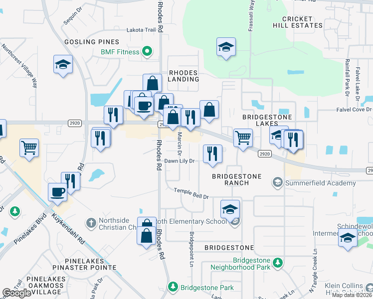 map of restaurants, bars, coffee shops, grocery stores, and more near 21011 Moor Lily Ct in Spring