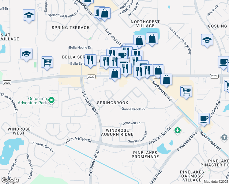 map of restaurants, bars, coffee shops, grocery stores, and more near 6326 Bright Bloom Lane in Spring