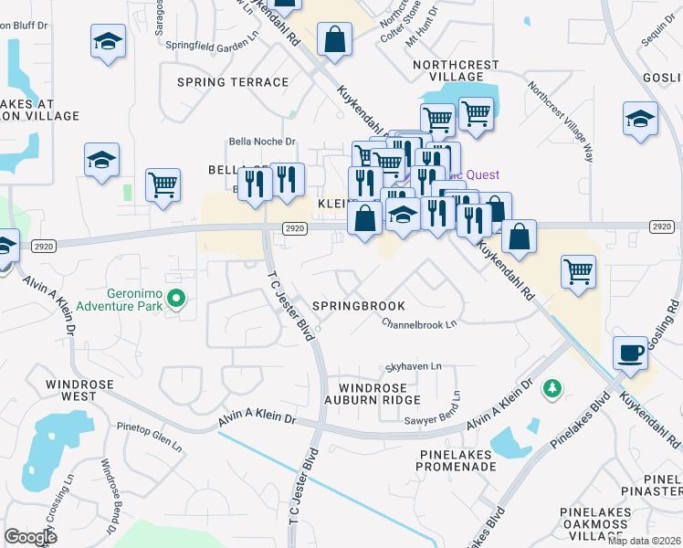map of restaurants, bars, coffee shops, grocery stores, and more near 21222 Pinewalk Brook Lane in Spring