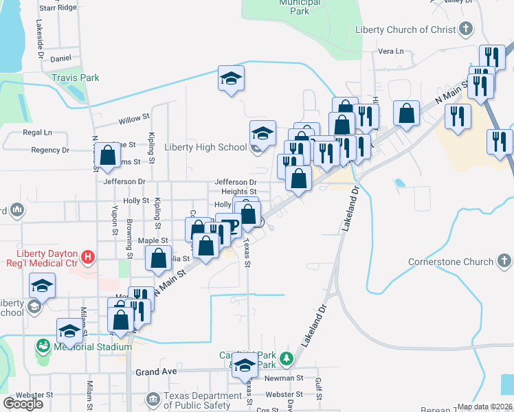 map of restaurants, bars, coffee shops, grocery stores, and more near 2606 Holly St in Liberty