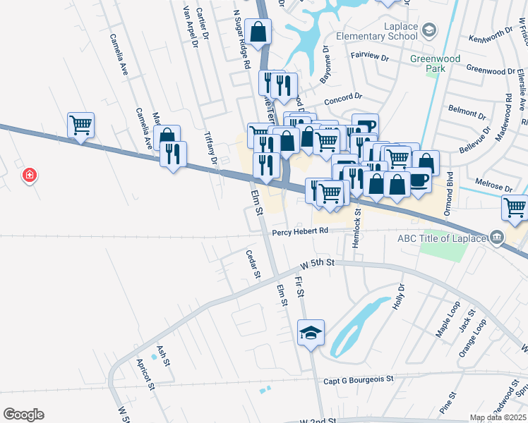 map of restaurants, bars, coffee shops, grocery stores, and more near 1 Elm Street in LaPlace