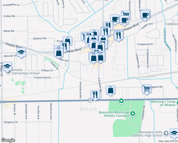 map of restaurants, bars, coffee shops, grocery stores, and more near 6975 Calder Avenue in Beaumont