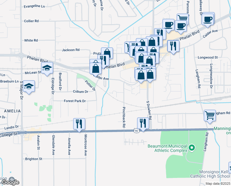 map of restaurants, bars, coffee shops, grocery stores, and more near 410 Pinchback Road in Beaumont