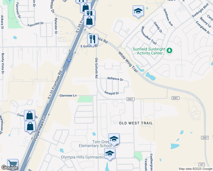 map of restaurants, bars, coffee shops, grocery stores, and more near 2070 Constellation Drive in Buda