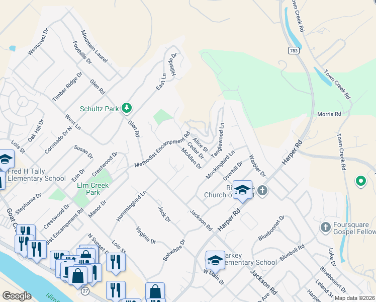 map of restaurants, bars, coffee shops, grocery stores, and more near 1411 McAllen Drive in Kerrville