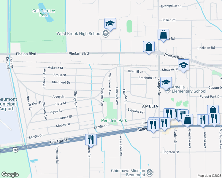 map of restaurants, bars, coffee shops, grocery stores, and more near 360 Clemmons Avenue in Beaumont