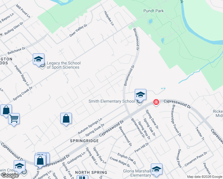 map of restaurants, bars, coffee shops, grocery stores, and more near 24542 Stratton Creek Drive in Spring