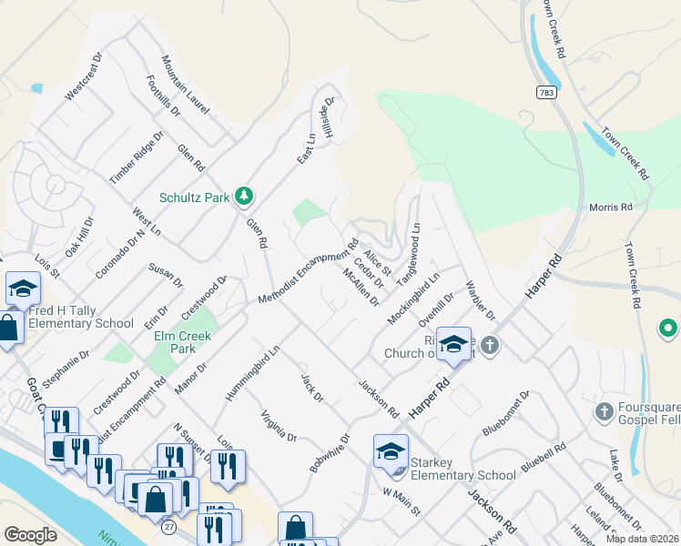 map of restaurants, bars, coffee shops, grocery stores, and more near 1411 McAllen Drive in Kerrville