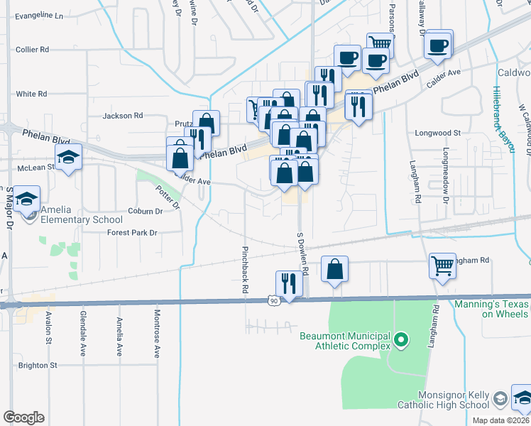 map of restaurants, bars, coffee shops, grocery stores, and more near 6975 Calder Avenue in Beaumont