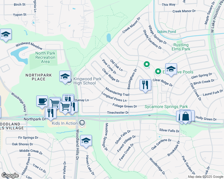 map of restaurants, bars, coffee shops, grocery stores, and more near 2515 Meandering Trail in Humble