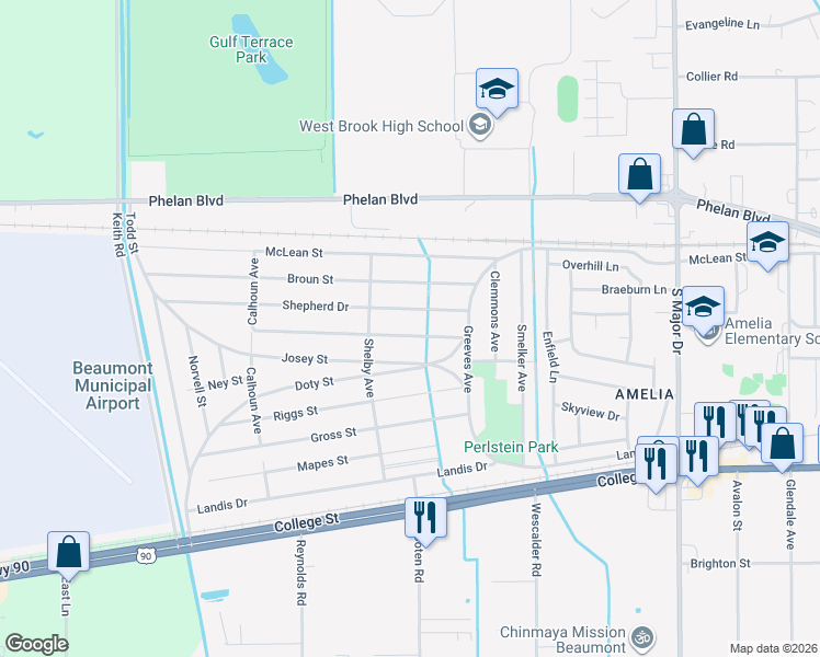 map of restaurants, bars, coffee shops, grocery stores, and more near 9170 Gardner Street in Beaumont