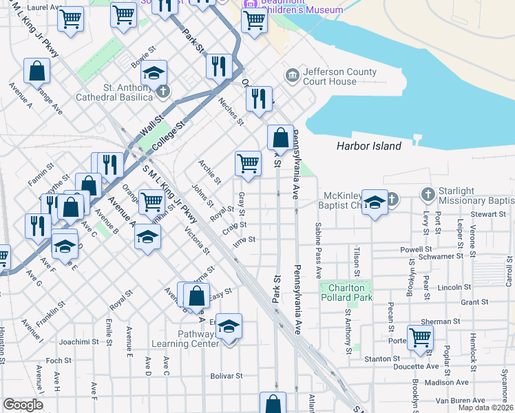 map of restaurants, bars, coffee shops, grocery stores, and more near 608 Royal Street in Beaumont