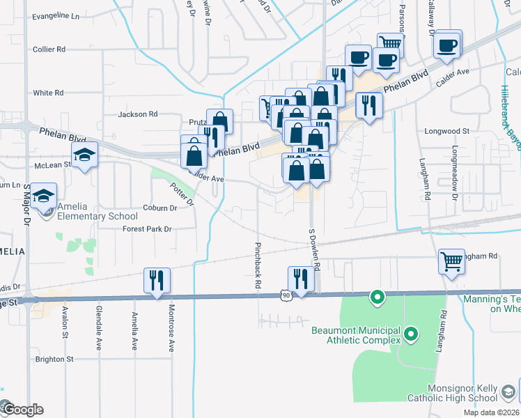 map of restaurants, bars, coffee shops, grocery stores, and more near 410 Pinchback Road in Beaumont