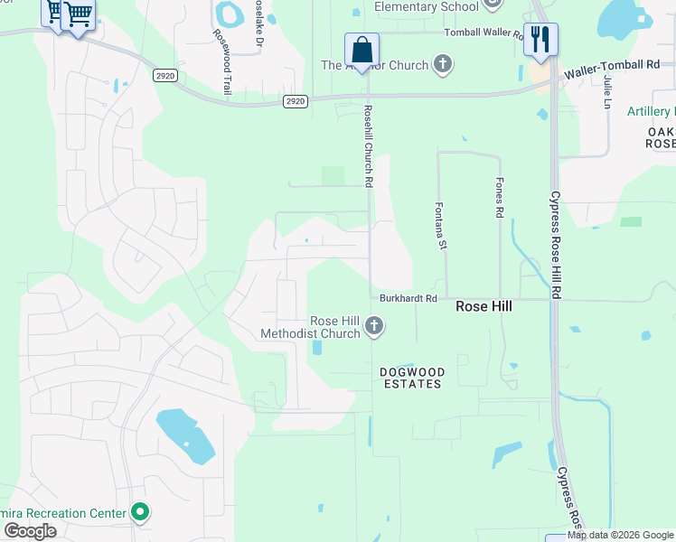 map of restaurants, bars, coffee shops, grocery stores, and more near 21303 Rosehill Church Road in Tomball