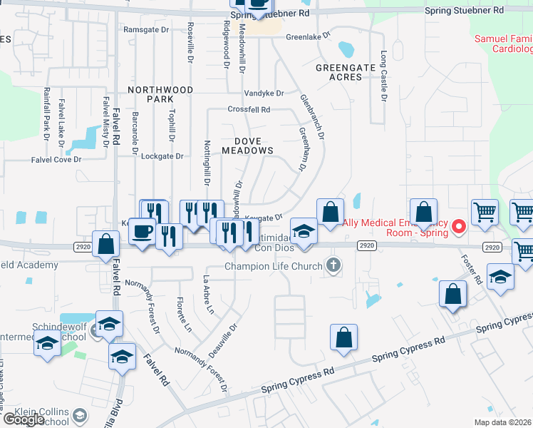 map of restaurants, bars, coffee shops, grocery stores, and more near 3314 Keygate Drive in Spring