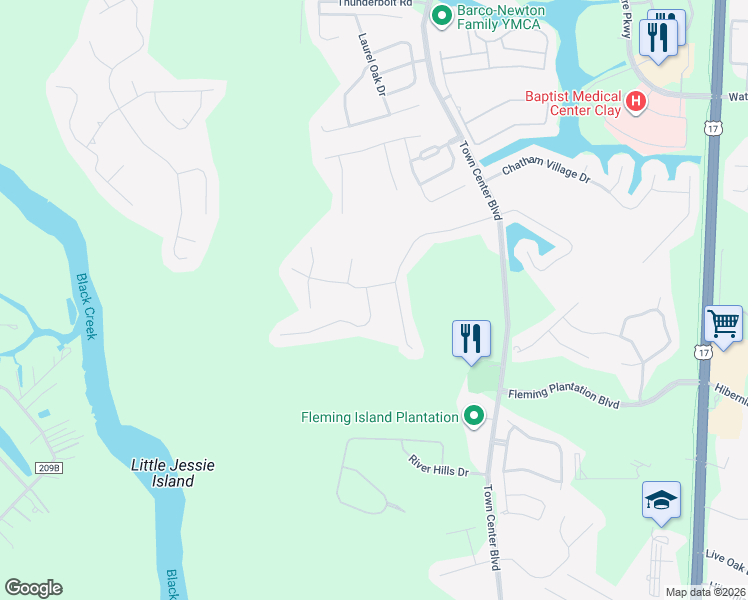 map of restaurants, bars, coffee shops, grocery stores, and more near 2305 Yellow Jasmine Lane in Orange Park