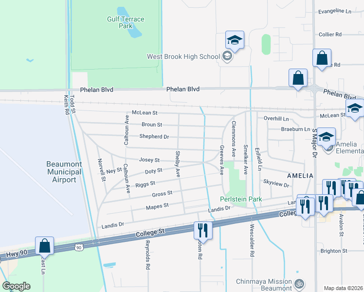 map of restaurants, bars, coffee shops, grocery stores, and more near 9250 Gardner St in Beaumont