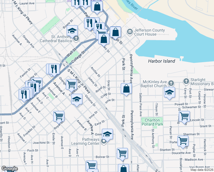 map of restaurants, bars, coffee shops, grocery stores, and more near 735 Royal Street in Beaumont